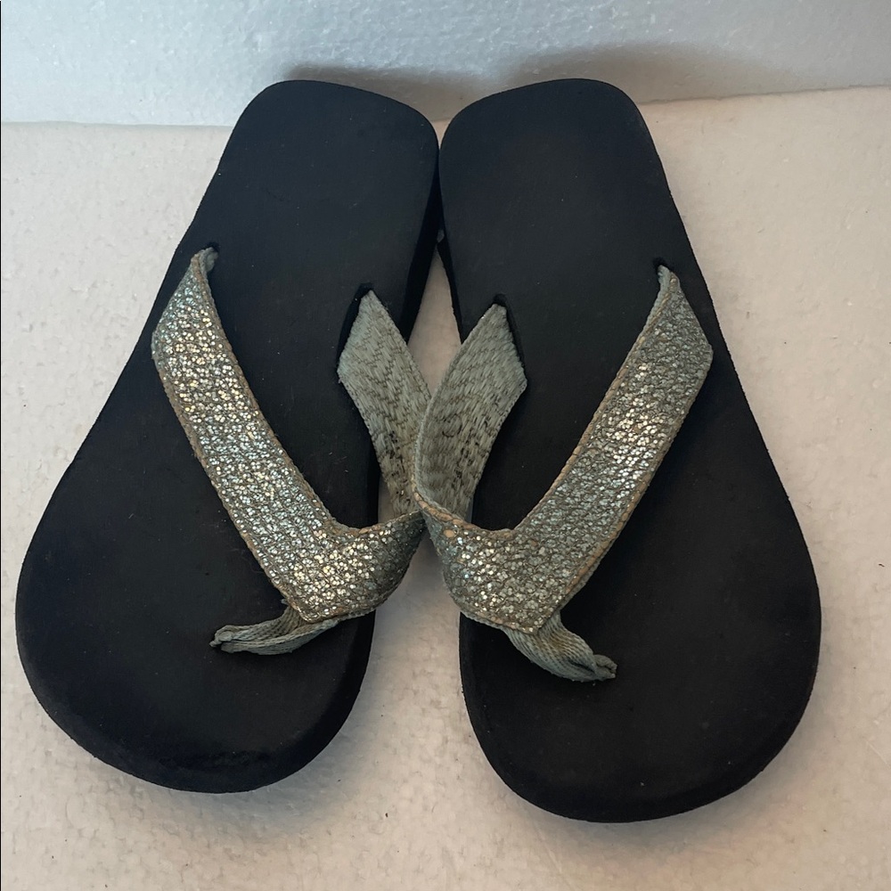 Y2K Blue silver sparkle glitter Black wedge flip-flop Sandals girls size 4